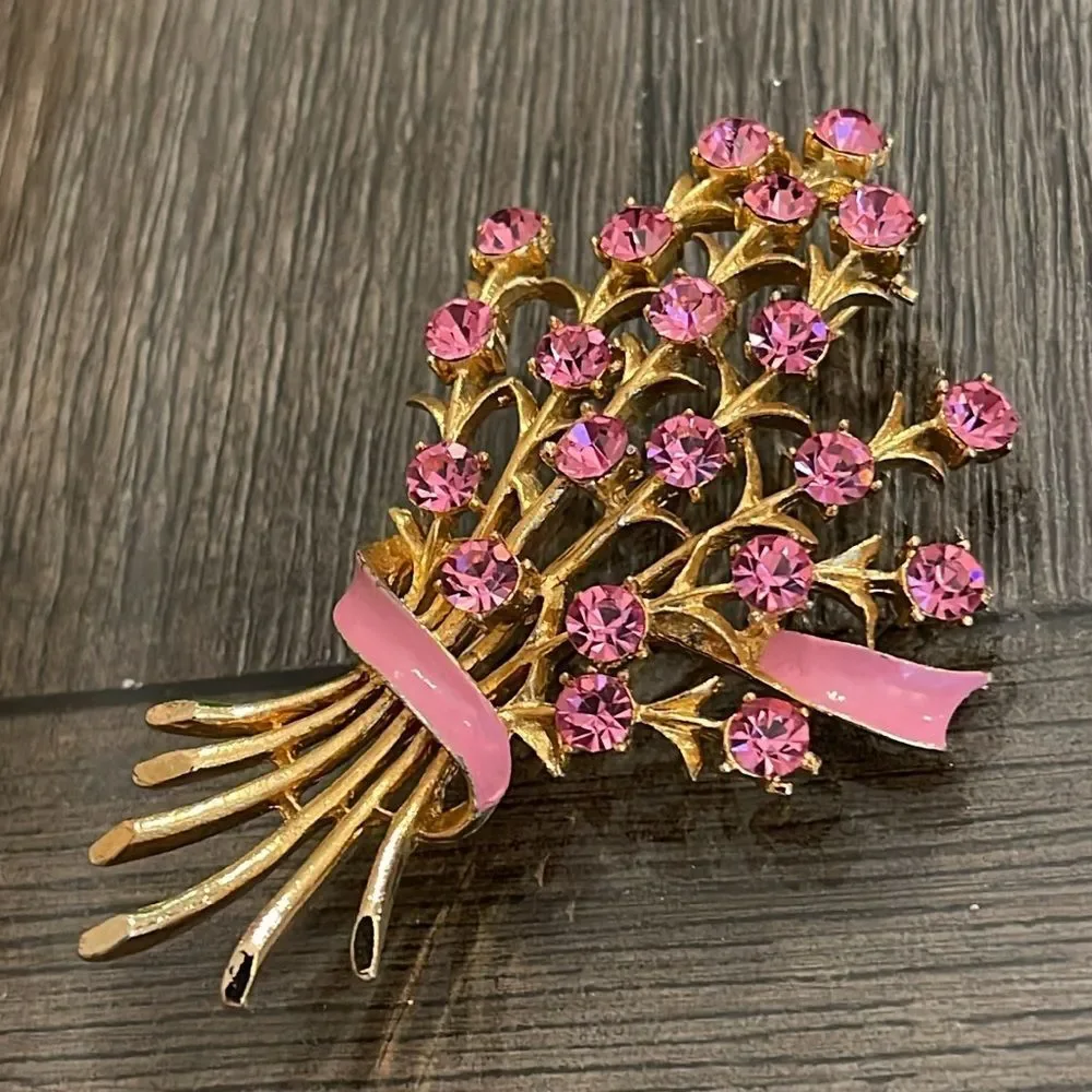 Vintage Pin Rhinestone Brooch Floral Bouquet with Pink Enamel Accents